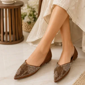 Women's Embellished Pointed Toe Flats – Brown