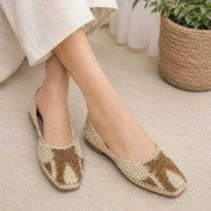 Women's Premium Beaded Ethnic Jutti Flats – Gold & Ivory