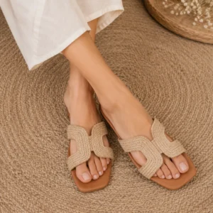 Women's Woven Strap Flat Slippers – Beige