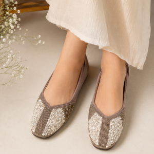 Women's Embellished Ethnic Flat Jutti – Taupe & White