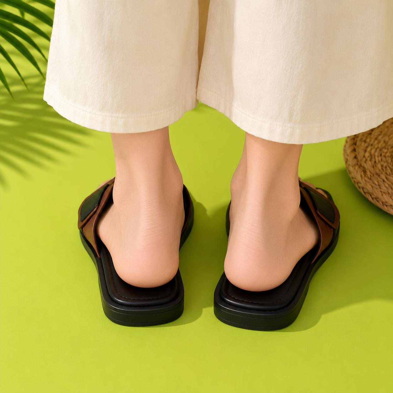 Women's Dual-Tone Buckle Flat Slippers – Black & Brown - Image 3