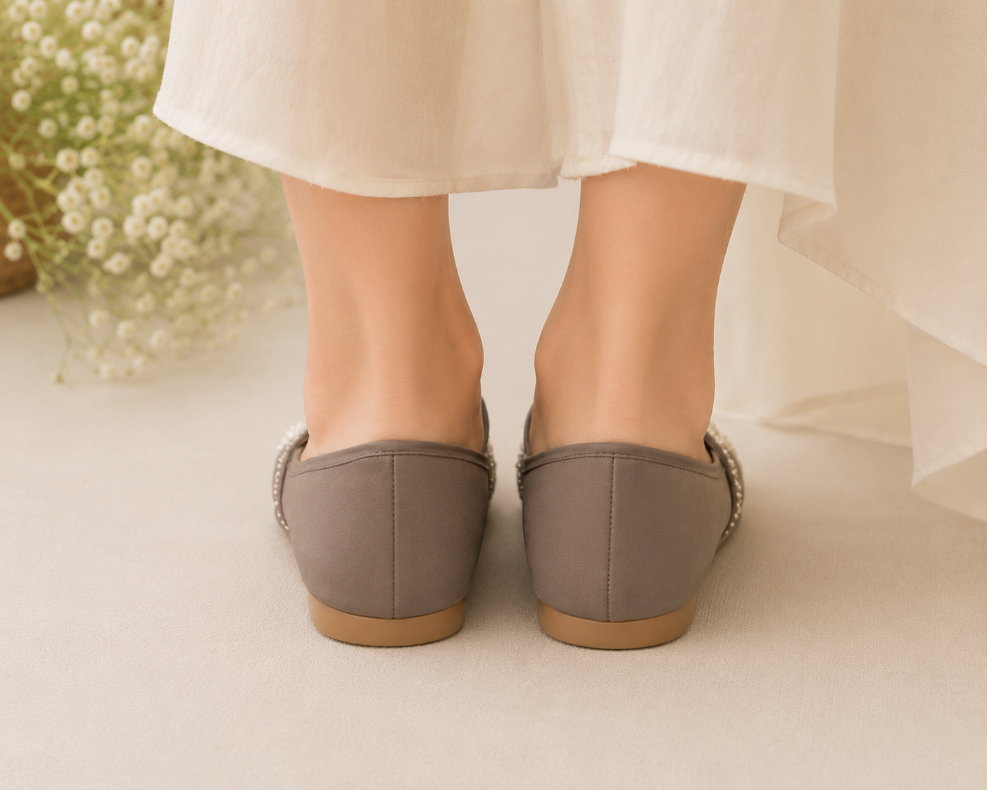 Women's Embellished Ethnic Flat Jutti – Taupe & White - Image 3