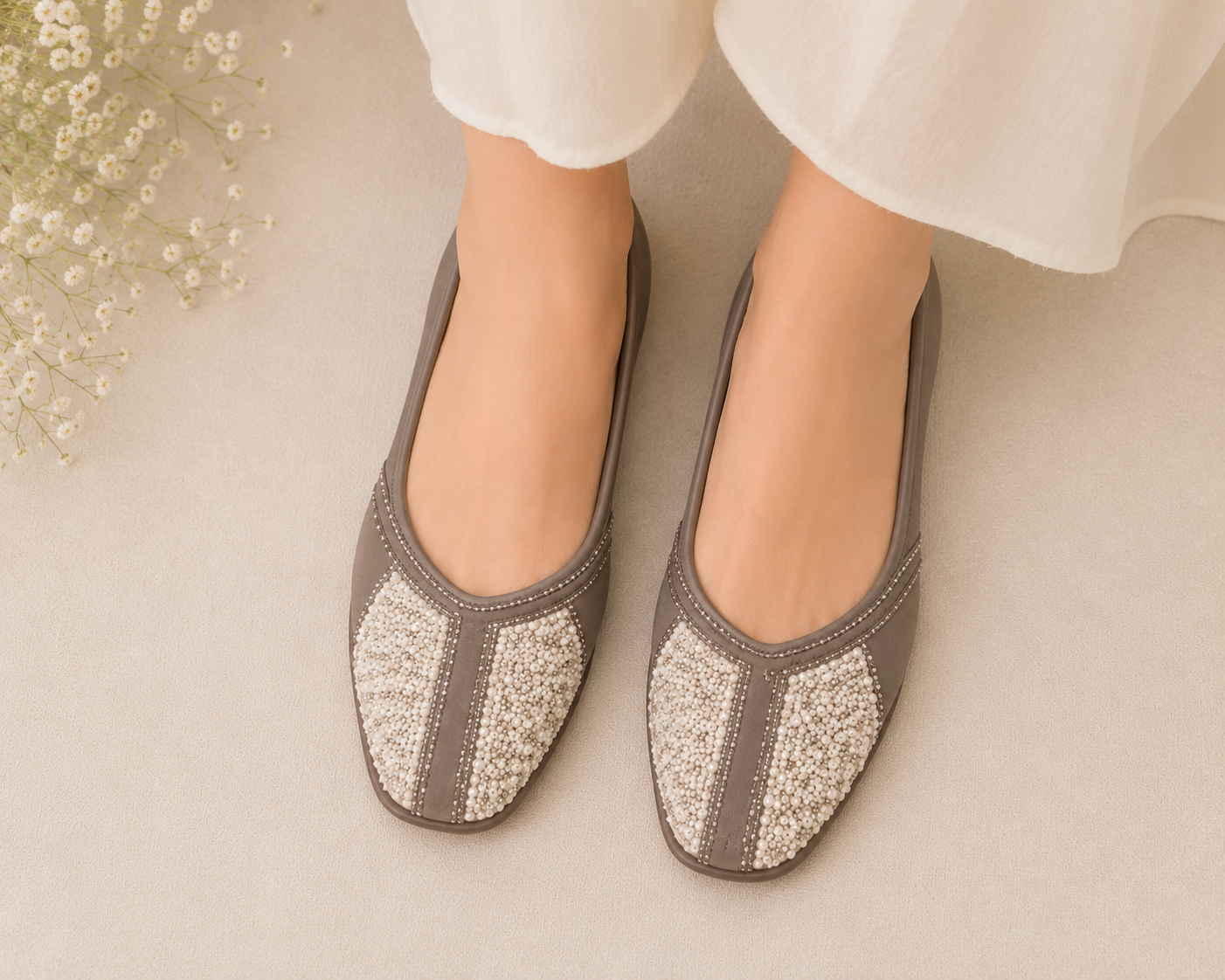Women's Embellished Ethnic Flat Jutti – Taupe & White - Image 2
