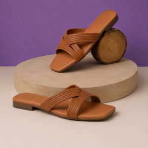 Women's Cross Strap Flat Slippers – Tan Brown